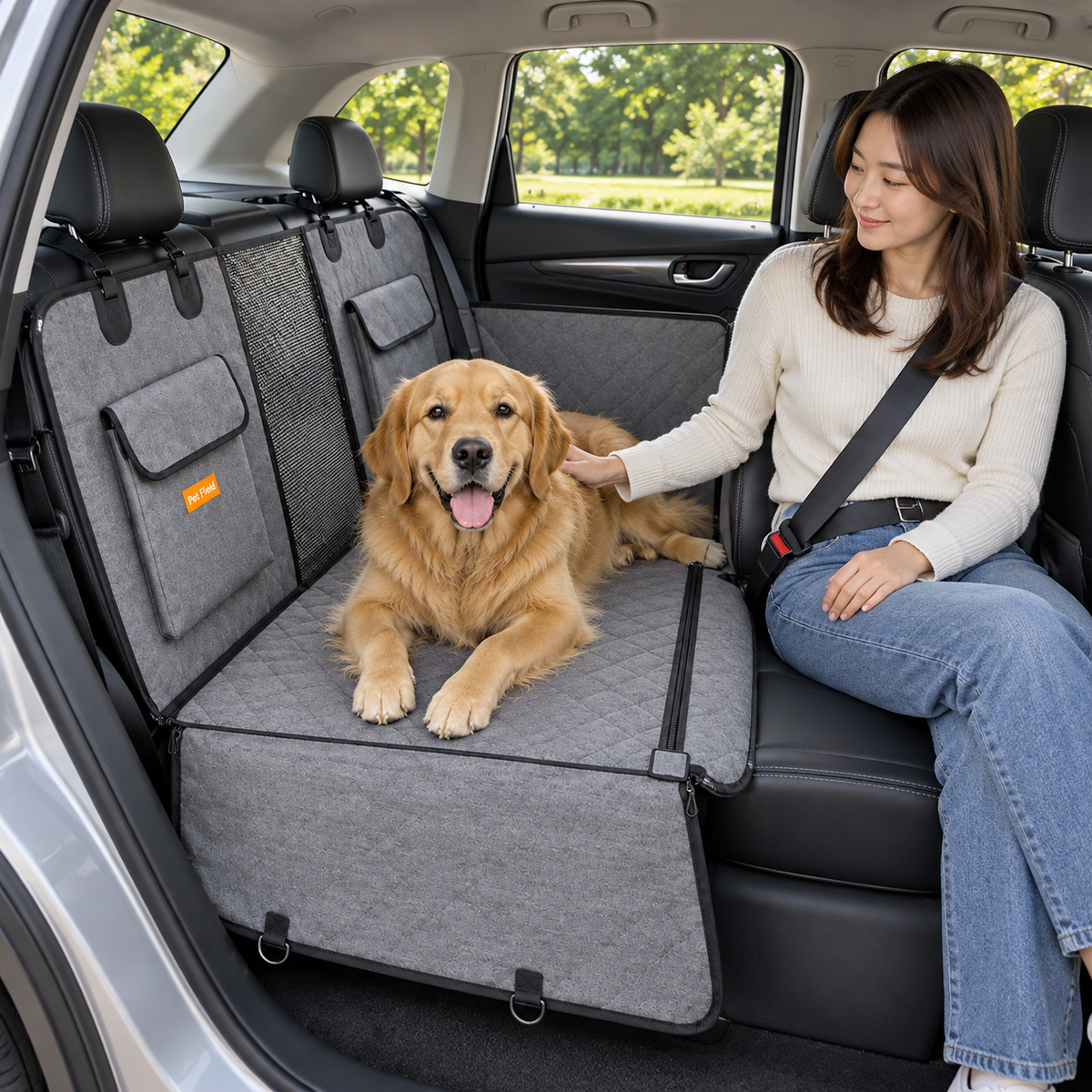 後部座席用ペットシートカバー 人と犬が座席をシェアする使用イメージ