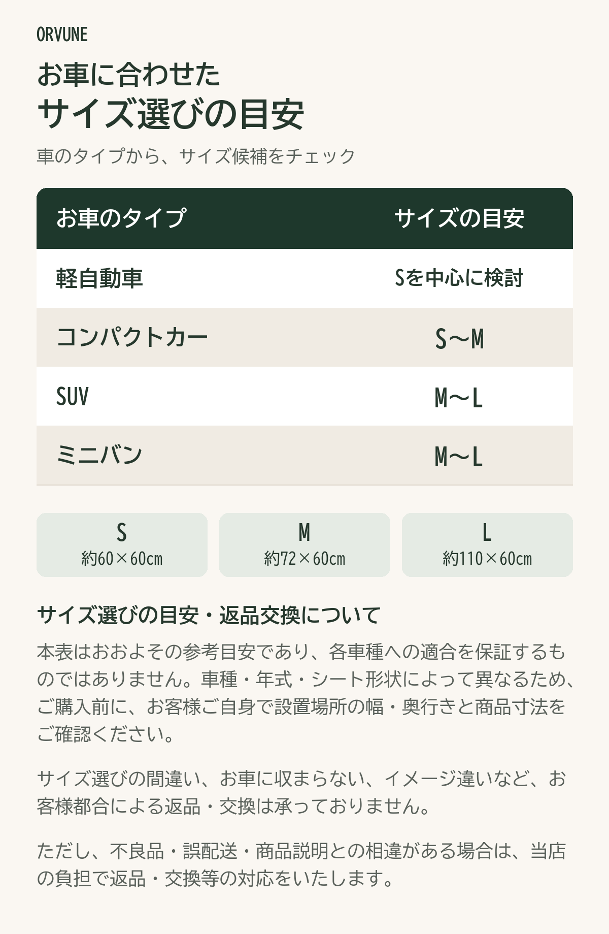 ドライブベッドのサイズ選びの参考目安と返品交換条件。購入前にお客様ご自身で採寸してください。お客様都合の返品・交換は不可。不良品・誤配送・商品説明との相違は当店負担で対応します。